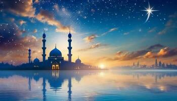 AI generated Ramadan Kareem religious background with mosque silhouettes reflected in serene sea photo