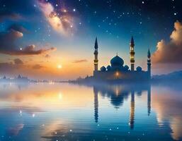 AI generated Ramadan Kareem religious background with mosque silhouettes reflected in serene sea photo