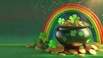 AI generated Banner with Pot of gold coins, clover leaves and rainbow. St. Patrick's day concept. photo