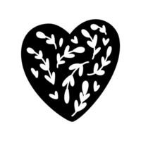 Hand drawn black heart love with white branches. Vector valentine shape logo icon illustration. Decor for greeting card, wedding, mug, photo overlays, t-shirt print, flyer, poster design