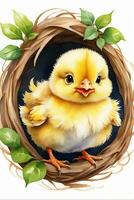 AI generated watercolor graphics of a  little chicken on a meadow background photo