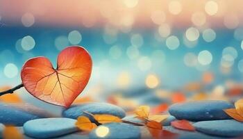 AI generated love icon leaf and bokeh background with stone beach at sunset, photo