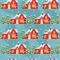 Seamless winter pattern. Beautiful house surrounded by trees. Vector graphic.