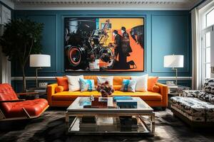 AI generated Living room vintage charm, antique furniture and decor elements, bright colors and bold geometric patterns photo