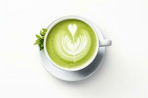 AI generated Matcha latte in a glass cup, white background photo