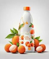 AI generated Litchi juice bottle on white background. 3D illustration. photo