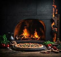 AI generated Pizza on a wooden table in front of a fireplace. Toned. photo