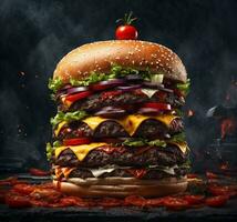 AI generated Big tasty cheeseburger with burning fire on a dark background, closeup photo