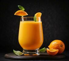 ai generado un vaso de naranja jugo con Fresco frutas en un negro fondo, de cerca foto