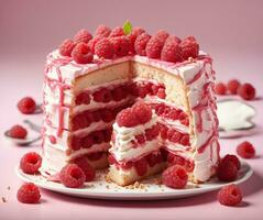 AI generated Raspberry cake with whipped cream and fresh raspberries, selective focus photo