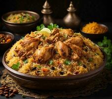 AI generated Chicken Biryani or Biryani is a popular Maharashtrian dish made of basmati rice and chicken meat photo