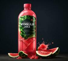 AI generated Watermelon juice in bottle with splashes on blue background 3d illustration photo