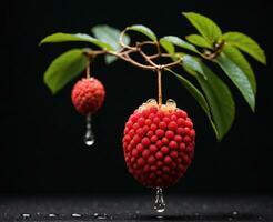 AI generated Raspberry fruit with water drops on black background. Copy space. photo