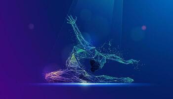 graphic of low poly wireframe ballerina performing rhythmic gymnastics presented with vivid futuristic style vector