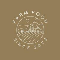 Farm logo. Template with farm landscape. Vector illustration.