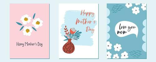 Mother's Day greeting cards. Set of naive art holiday prints. Vector illustrations for covers and posters. Cute design for moms.