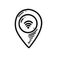 garabatear Wifi ubicación icono. inalámbrico satélite Internet conexión determinar con precisión. bosquejo radio señal símbolo. mano dibujado mapa alfiler. vector