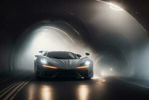 AI generated Luxury sports car driving on the road in tunnel. foggy photo