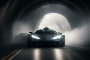 AI generated Luxury sports car driving on the road in tunnel. foggy photo