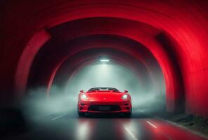 ai generado rojo deporte coche en un túnel con rojo luces y fumar en el la carretera foto