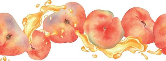 Seamless board with chines flat peaches and juice splashes watercolor isolated on white. Whole ripe fruits painted. Fig peach hand drawn. Design for package, label, kitchen, skin care cosmetic, juice vector