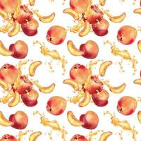 Watercolor seamless pattern with peaches and juice splash isolated on white background. Whole ripe and half fruits. Apricot hand drawn. Design element for package, textile, wrapping paper, fabric vector