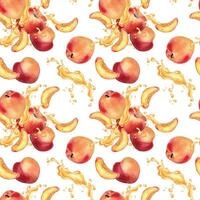 Watercolor seamless pattern with peaches and juice splash isolated on white background. Whole ripe and half fruits. Apricot hand drawn. Design element for package, textile, wrapping paper, fabric vector