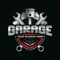 Auto garage logo.emblem with piston, shield, gear, and wrench element. vector