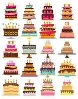 conjunto de veinte dulce cumpleaños pasteles con ardiente velas vistoso fiesta postre. vector celebracion antecedentes.