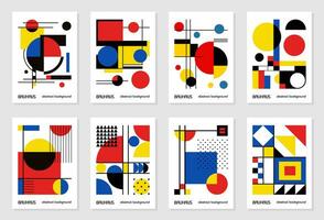 Set of 8 minimal vintage 20s geometric design posters, wall art, template, layout with primitive shapes elements. Bauhaus retro pattern background, vector abstract circle, triangle and square line art