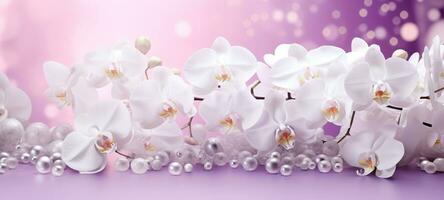AI generated White orchids bouquet on light purple background with glitter and bokeh. Banner with copy space. Perfect for poster, greeting card, event invitation, promotion, advertising, print, photo