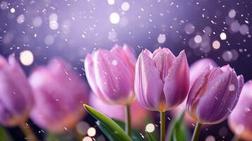 AI generated Purple tulips bouquet on light purple background with bokeh. Banner with copy space. Perfect for poster, greeting card, event invitation, promotion, advertising, print, elegant design photo