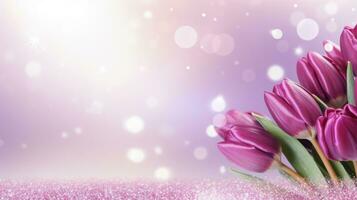 AI generated Purple tulips bouquet on light purple background with bokeh. Banner with copy space. Perfect for poster, greeting card, event invitation, promotion, advertising, print, elegant design photo