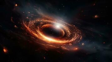 AI generated Spiral rotating black hole in cosmos in background of shining stars, in red fiery colors. Big Bang. Spiral galaxy. Ideal for backgrounds or space-themed content photo