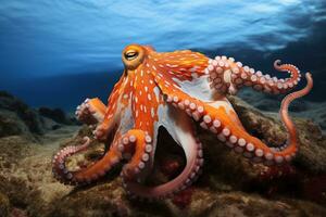 AI generated Octopus on the bottom of the sea. Close-up. photo