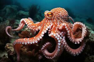 AI generated Octopus on the bottom of the sea. Close-up. photo