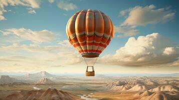 AI generated Hot air balloon flight over scenic desert landscape. Can be used in advertisements, magazines, travel blogs, travel, adventure, nature themes, backgrounds, and nature illustrations photo