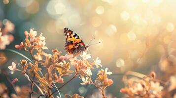 AI generated Colorful butterfly on blooming flowers, with blurred bokeh background. Pastel peach colors. Banner with copy space. Ideal for presentation, article, website related to nature, design photo