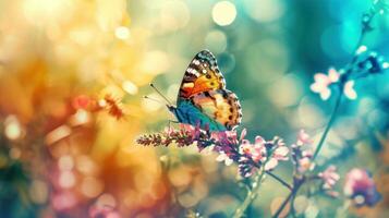 AI generated Colorful butterfly on blooming flowers, with a blurred bokeh background. Rainbow pastel colors. Banner with copy space. Ideal for presentations, websites related to nature, design, photo