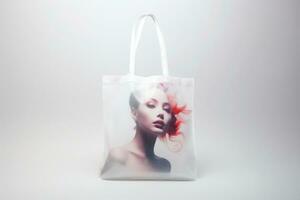 AI generated White Tote Bag with a print of a female portrait. Isolated on white background. Can be used in presentations, articles, or websites related to fashion, retail, or casual outings photo