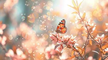 AI generated Vibrant butterfly on blooming flowers, with blurred bokeh background. Pastel peach colors. Banner with copy space. Ideal for presentations, websites related to nature, design photo