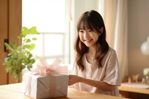 AI generated cute asian little girl holding  gift box in living room photo