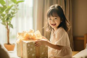 ai generado linda asiático pequeño niña participación regalo caja en vivo habitación foto