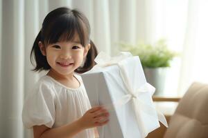 AI generated cute asian little girl holding  gift box in living room photo