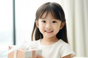 AI generated cute asian little girl holding  gift box in living room photo