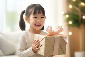 AI generated cute asian little girl holding  gift box in living room photo