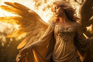 AI generated Golden angel statue in a cemetery in a sunny day photo