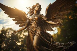 ai generado dorado ángel estatua en un cementerio en un soleado día foto