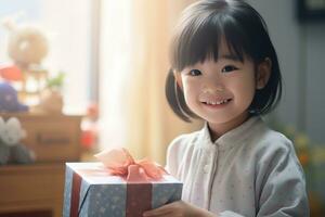 ai generado linda asiático pequeño niña participación regalo caja en vivo habitación foto