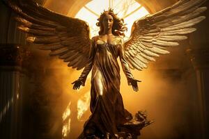 ai generado dorado ángel estatua en un cementerio en un soleado día foto